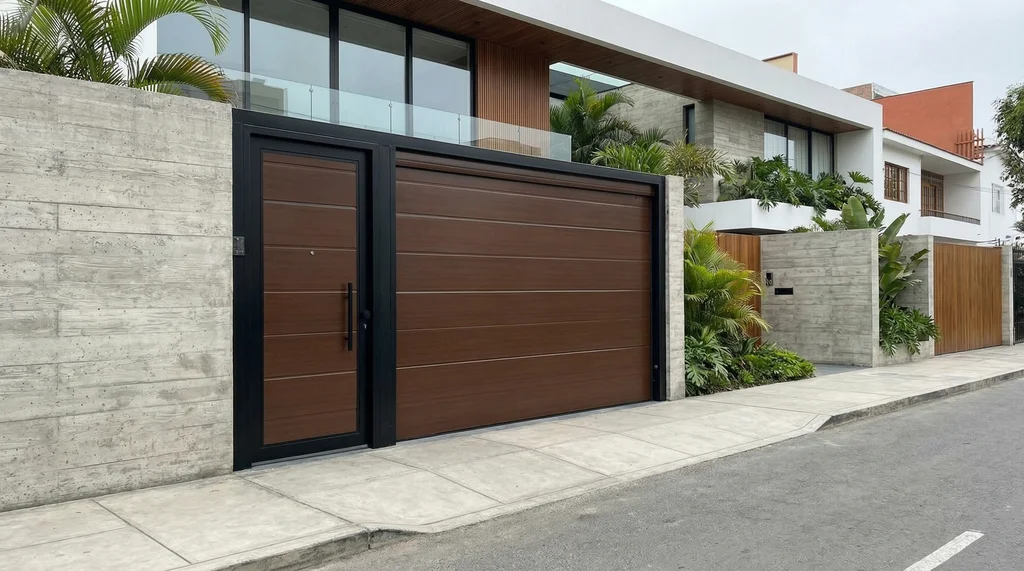 Porton batiente tipo madera oscura contemporaneo