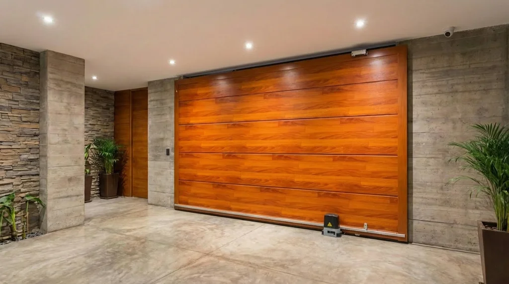 Puerta corrediza tipo madera interior garaje led