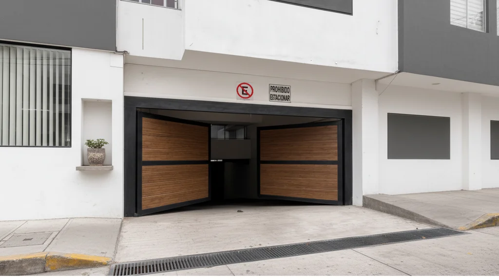 Puerta de garaje batiente tipo madera abierto residencial