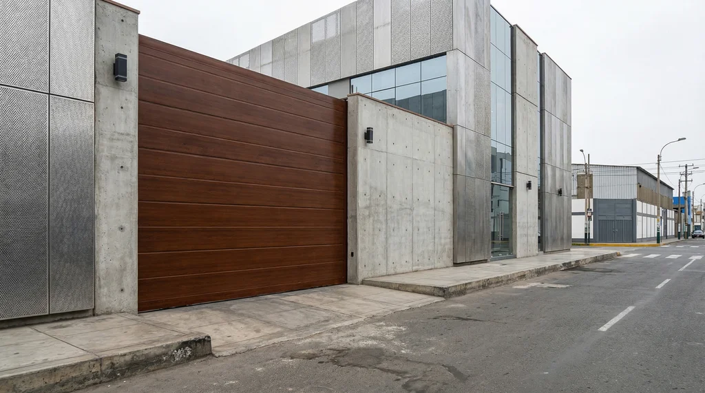 Puerta de garaje corrediza tipo madera vista edificios modernos