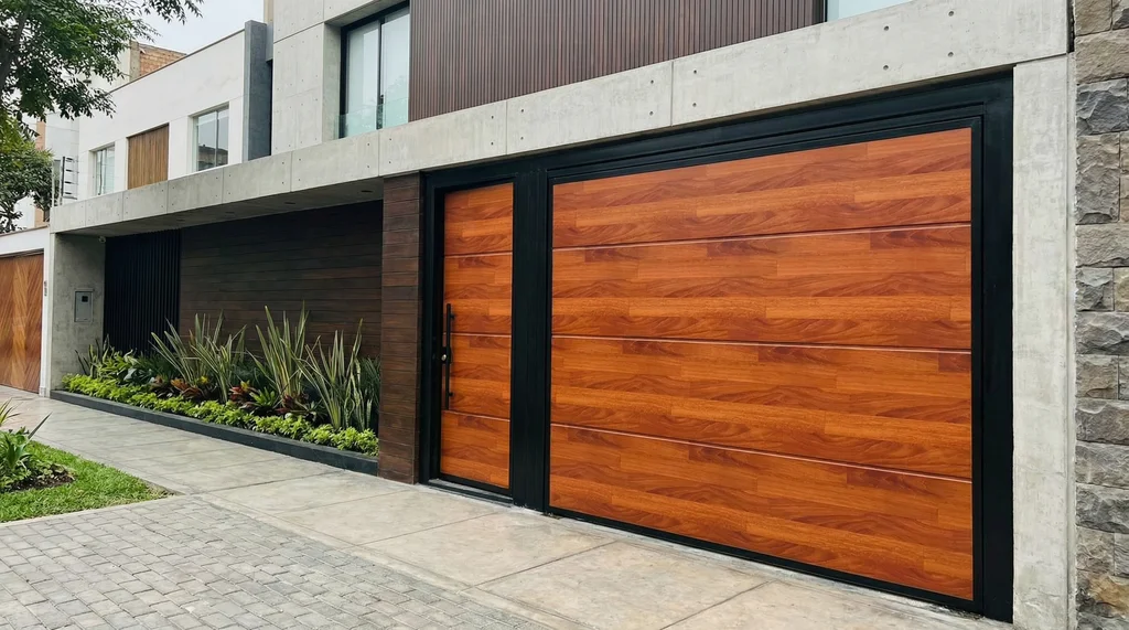 Puerta de garaje levadiza tipo madera marco negro garaje