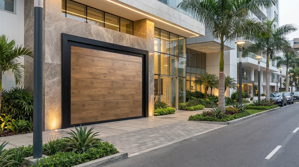 Puerta de garaje levadiza tipo madera marco negro moderno