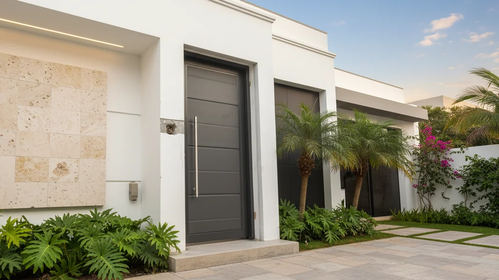 Puerta peatonal gris minimalista