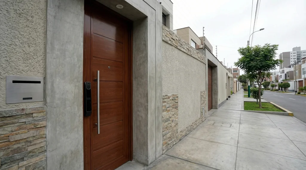 Puerta principal madera entrada lateral urbanizacion