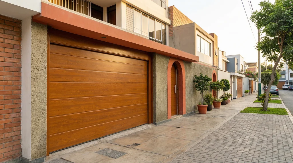 Puerta seccional tipo madera clara residencial